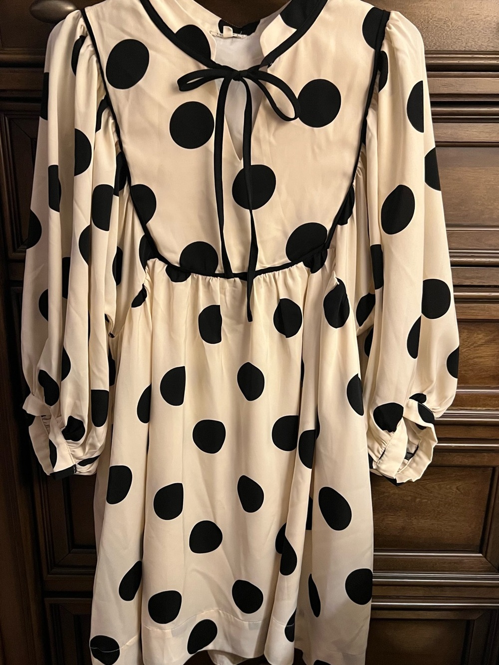 easel Cream Dress with Black Polka Dots and Tie Neck